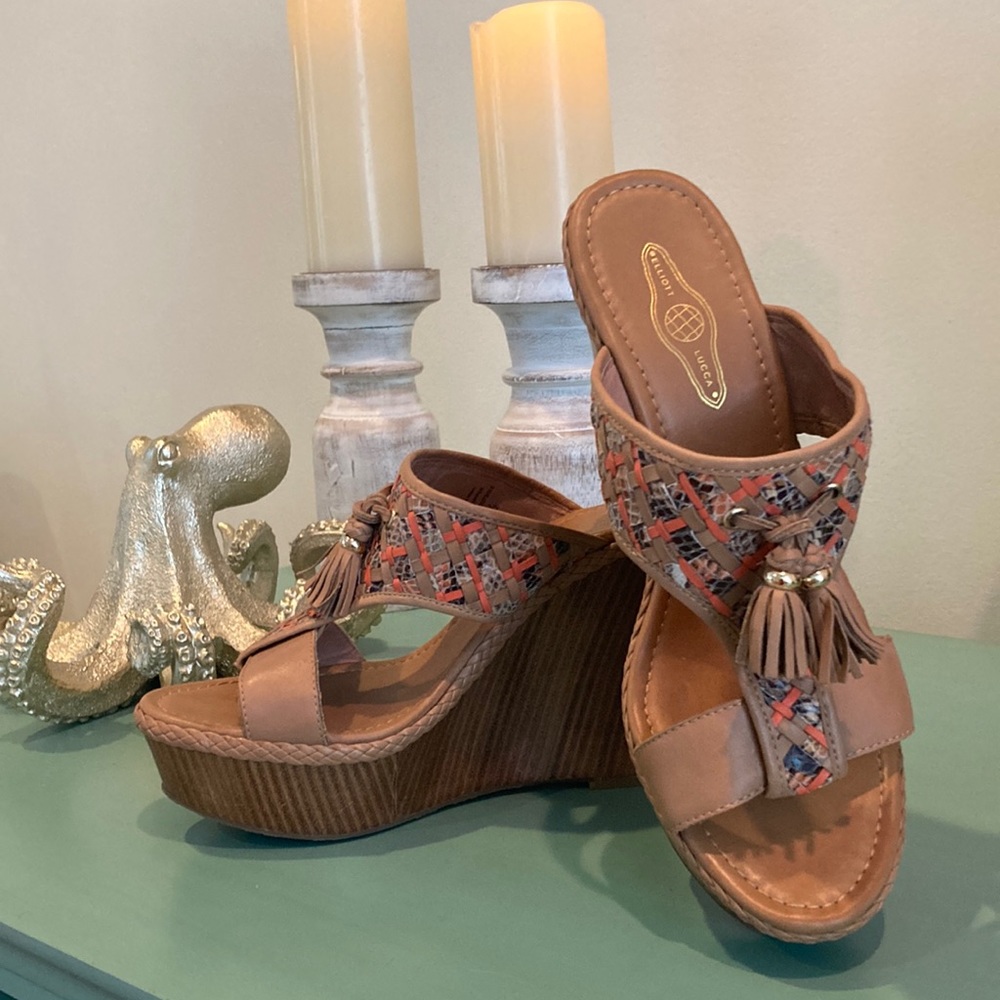 Elliott Lucca leather and wood wedges